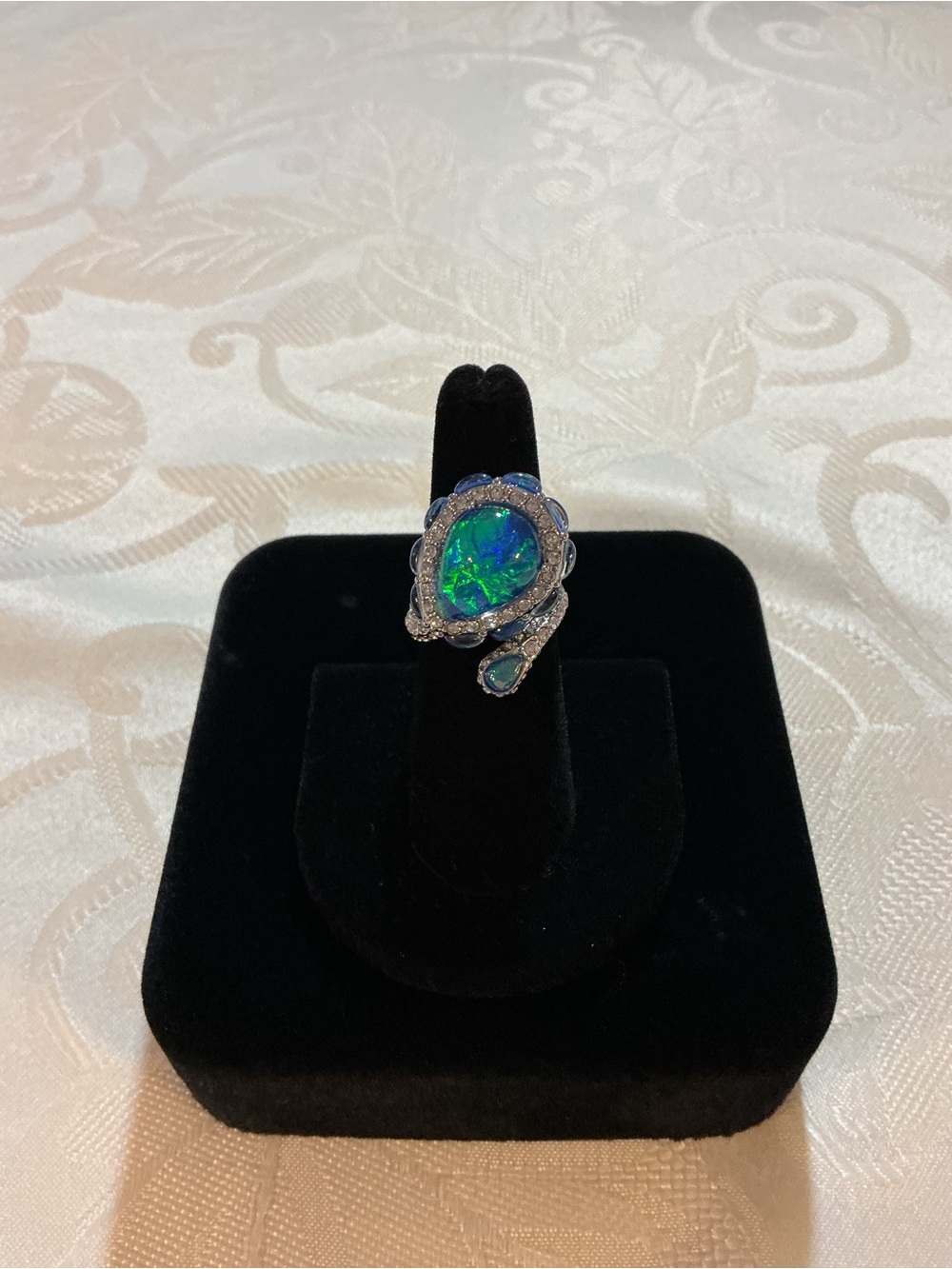 Serpent Bypass Faux Peacock Fire Opal Silver Tone Ring